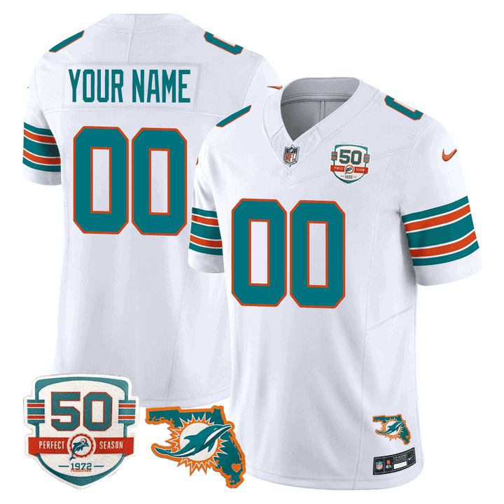 Men Miami Dolphins White 2024 Nike Throwback 50th Perfect Season Florida Patch Vapor Custom NFL Jersey->customized nfl jersey->Custom Jersey